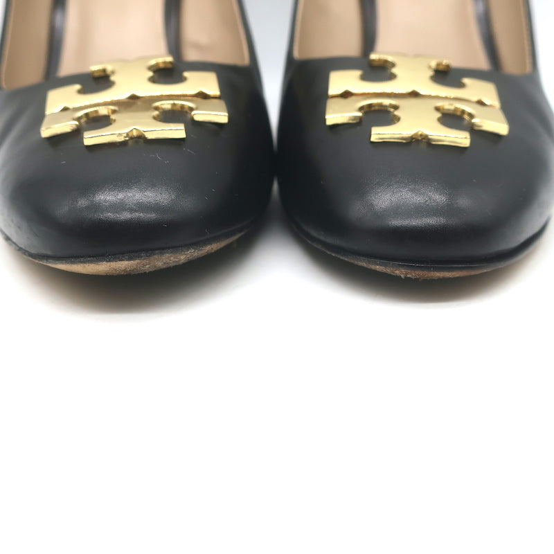 Tory Burch Raleigh Logo Wedge Pumps Black Leather Size 7.5