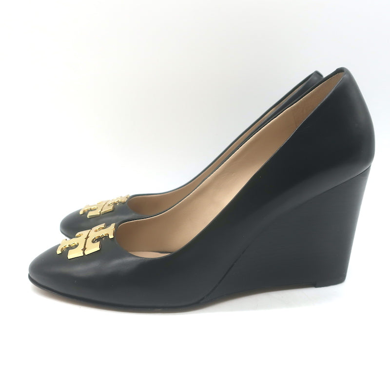 Tory Burch Raleigh Logo Wedge Pumps Black Leather Size 7.5