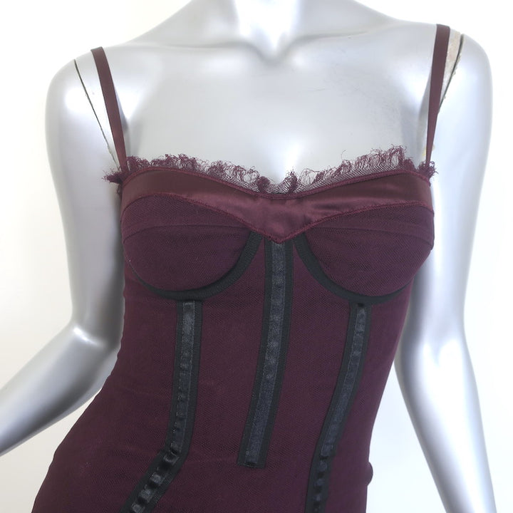 Dolce &amp; Gabbana Mesh Bustier Dress Burgundy Stretch Cotton Size 40 US 0