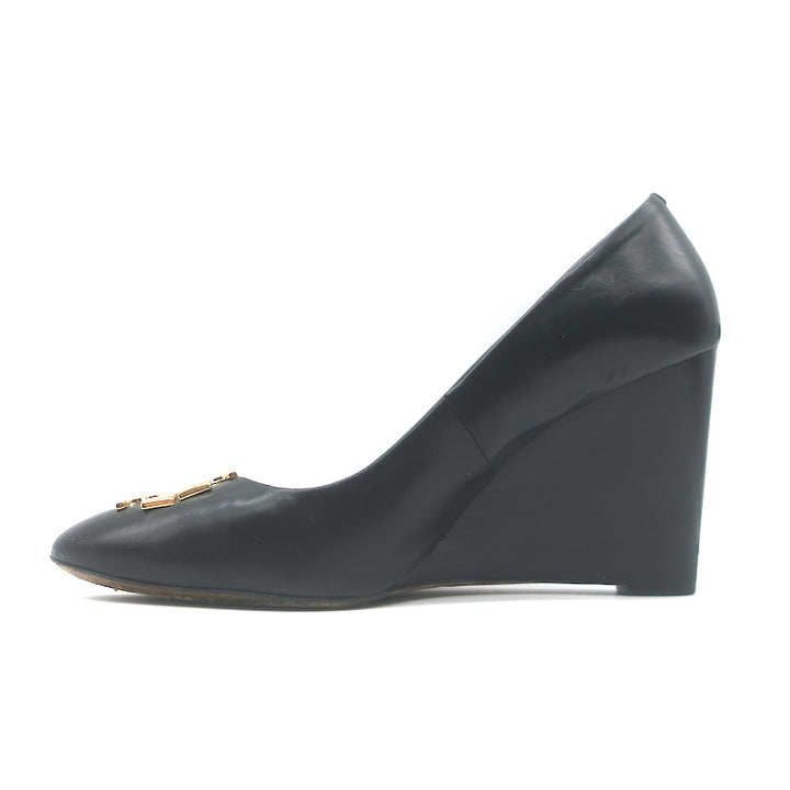 Tory Burch Raleigh Logo Wedge Pumps Black Leather Size 7.5