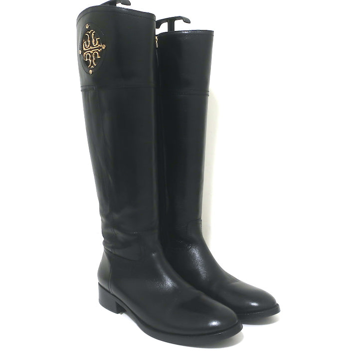 Tory Burch Kiernan Logo Riding Boots Black Leather Size 8