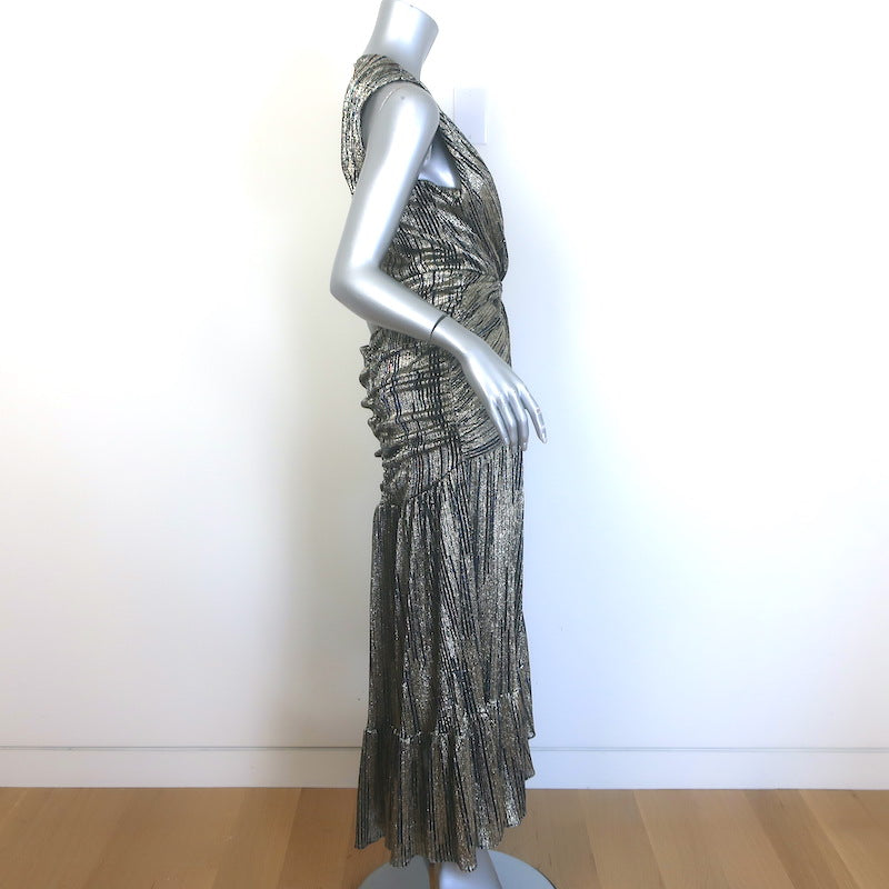 MISA Ava Metallic Striped Twist-Front Midi Dress Gold Size Extra Small