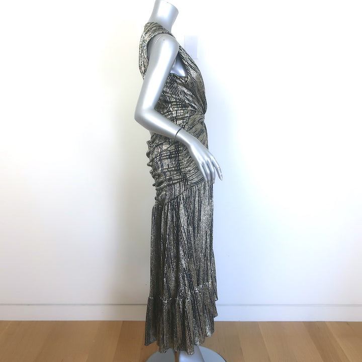 MISA Ava Metallic Striped Twist-Front Midi Dress Gold Size Extra Small