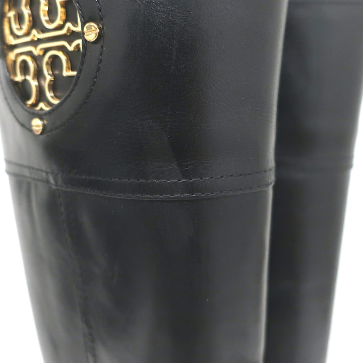 Tory Burch Kiernan Logo Riding Boots Black Leather Size 8