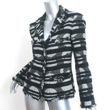 Chanel 08P Striped Fringed Tweed Jacket Black/Silver Cotton-Blend Size 38