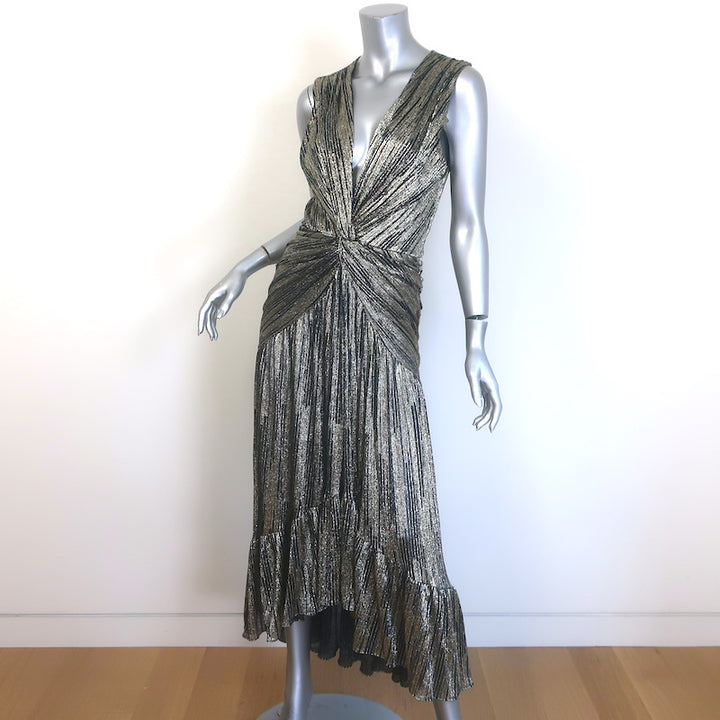 MISA Ava Metallic Striped Twist-Front Midi Dress Gold Size Extra Small