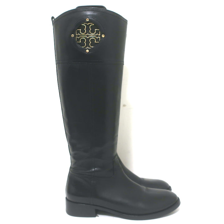 Tory Burch Kiernan Logo Riding Boots Black Leather Size 8