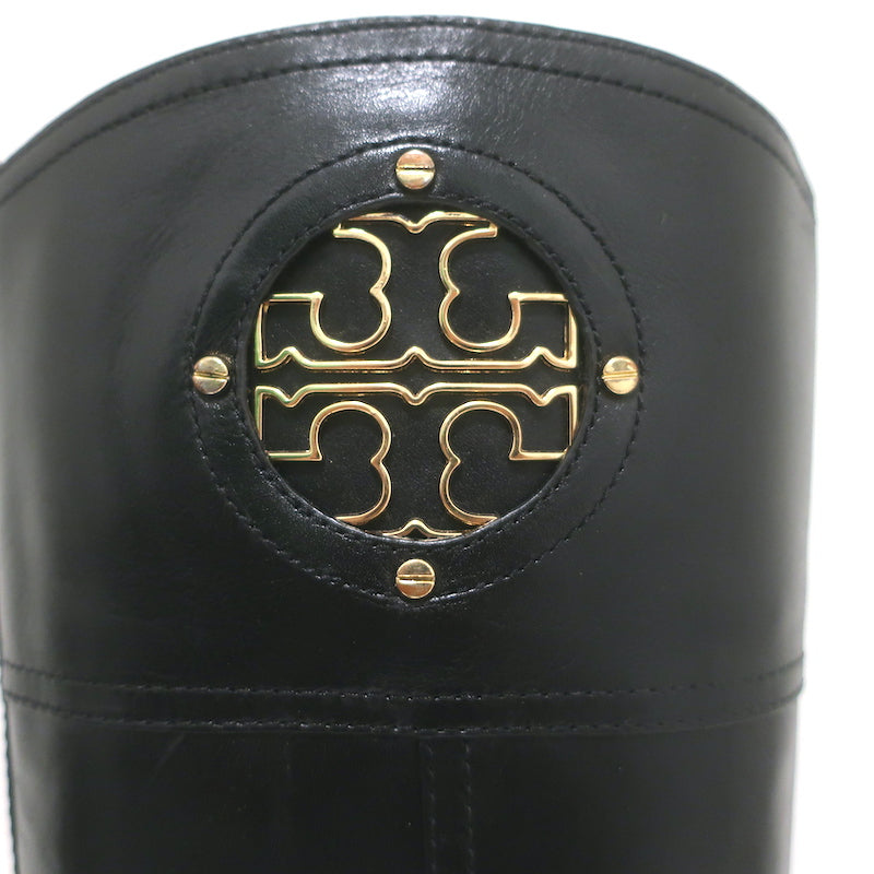 Tory Burch Kiernan Logo Riding Boots Black Leather Size 8
