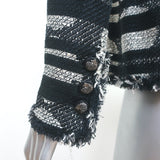 Chanel 08P Striped Fringed Tweed Jacket Black/Silver Cotton-Blend Size 38