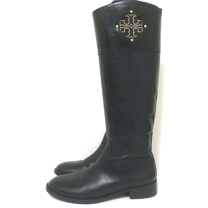 Tory Burch Kiernan Logo Riding Boots Black Leather Size 8