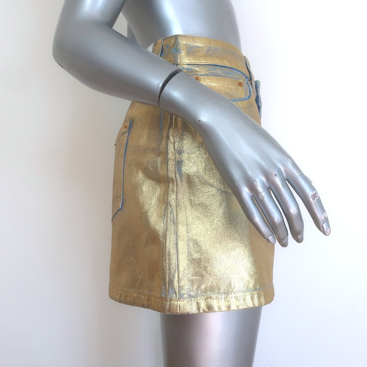 Paco Rabanne Metallic-Coated Denim Mini Skirt Gold Size 40