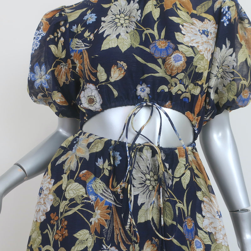SIR Cutout Puff Sleeve Maxi Dress Lilian Navy Floral Print Linen-Silk Size 0