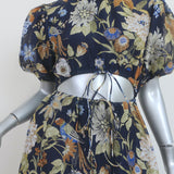 SIR Cutout Puff Sleeve Maxi Dress Lilian Navy Floral Print Linen-Silk Size 0