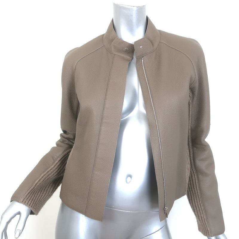 Hermes Leather &amp; Cashmere Ribbed Knit Jacket Gris Etoupe Size 38