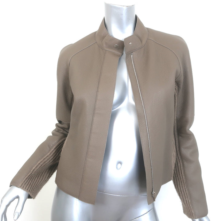 Hermes Leather &amp; Cashmere Ribbed Knit Jacket Gris Etoupe Size 38
