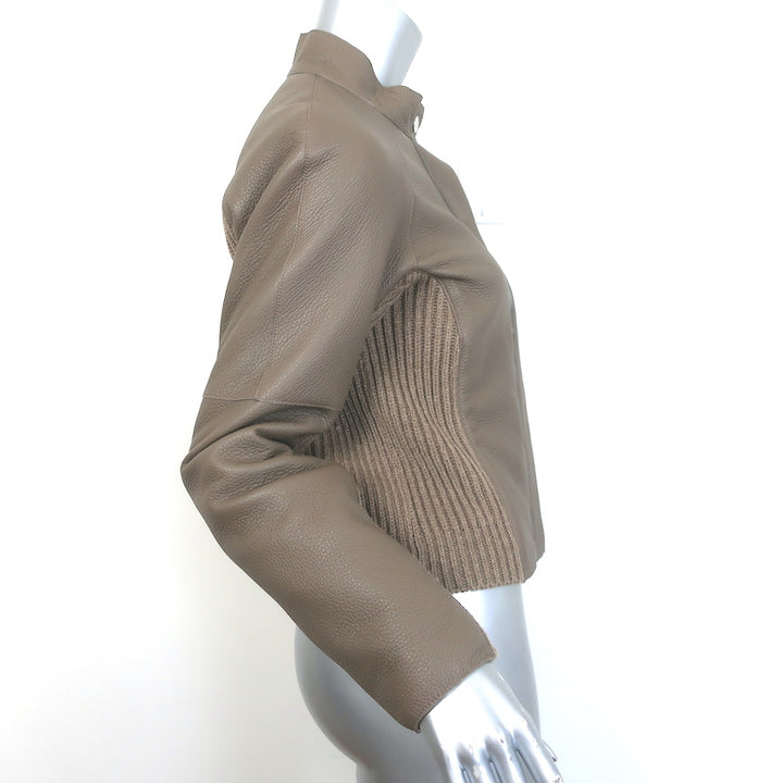 Hermes Leather &amp; Cashmere Ribbed Knit Jacket Gris Etoupe Size 38