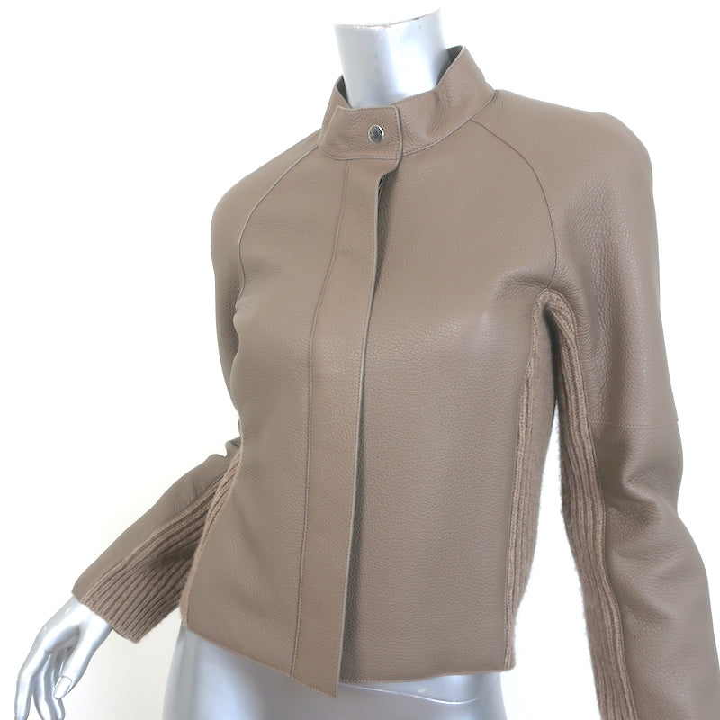 Hermes Leather &amp; Cashmere Ribbed Knit Jacket Gris Etoupe Size 38