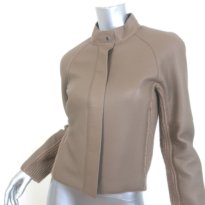 Hermes Leather &amp; Cashmere Ribbed Knit Jacket Gris Etoupe Size 38