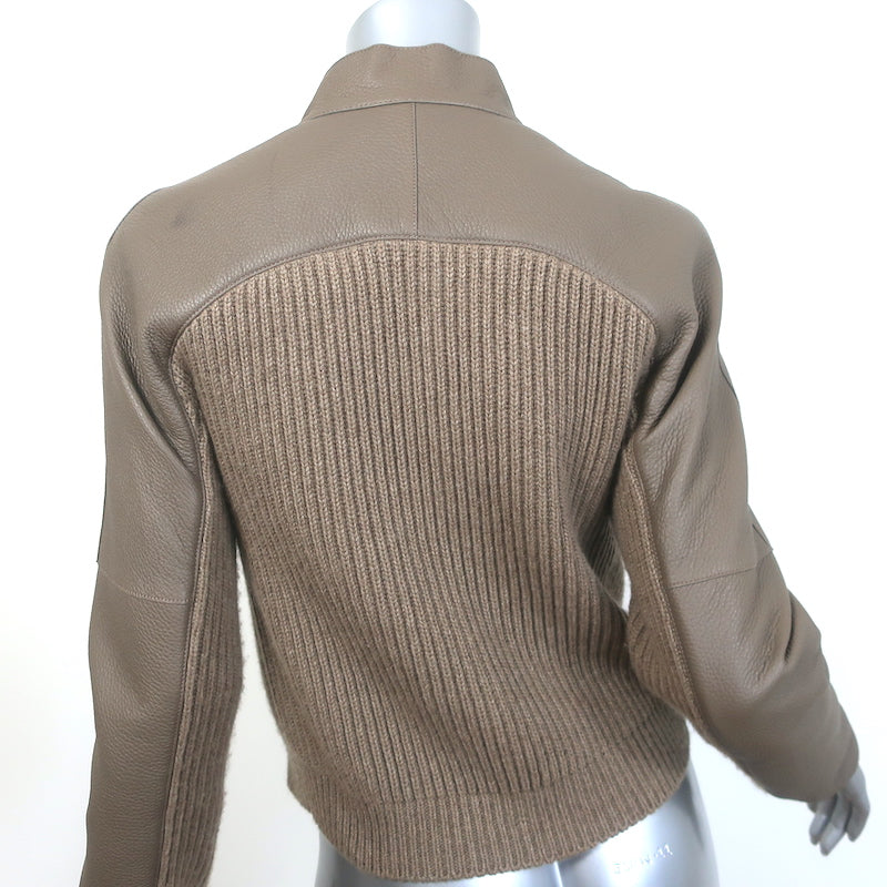 Hermes Leather &amp; Cashmere Ribbed Knit Jacket Gris Etoupe Size 38