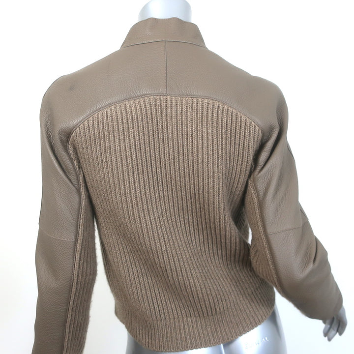 Hermes Leather &amp; Cashmere Ribbed Knit Jacket Gris Etoupe Size 38