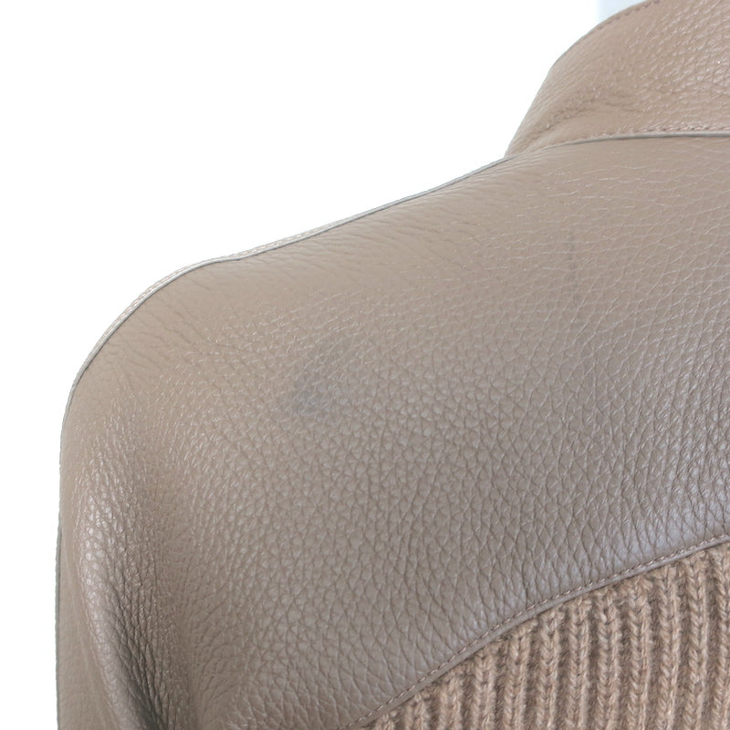 Hermes Leather &amp; Cashmere Ribbed Knit Jacket Gris Etoupe Size 38