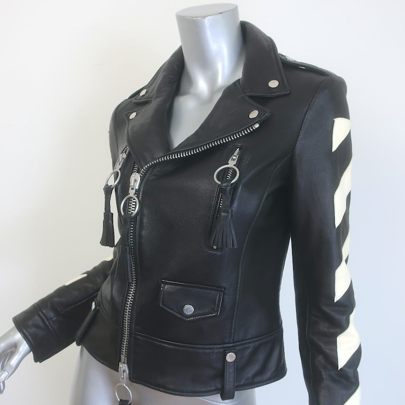 Off-White Virgil Abloh Carryover Leather Biker Jacket Black Size Small