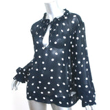 GANNI Polka Dot Blouse Navy Georgette Size 44 Long Sleeve Top NEW