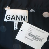 GANNI Polka Dot Blouse Navy Georgette Size 44 Long Sleeve Top NEW