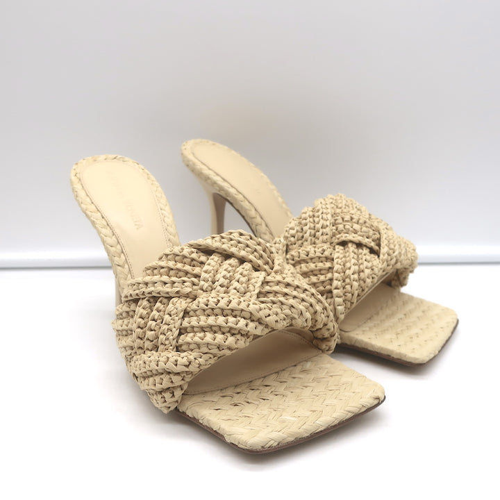 Bottega Veneta Lido Intrecciato Raffia Mules Beige Size 38.5 Open Toe Sandal NEW