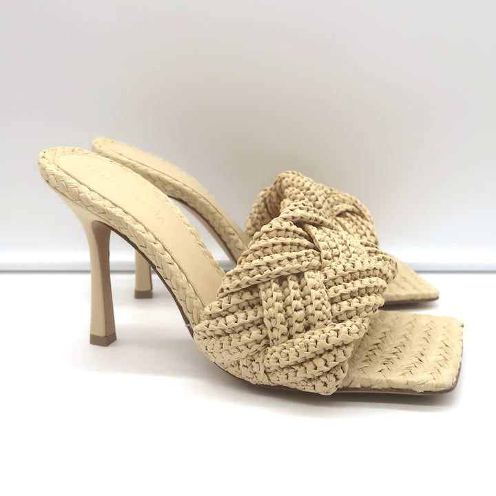 Bottega Veneta Lido Intrecciato Raffia Mules Beige Size 38.5 Open Toe Sandal NEW