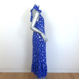 RIXO Eleanor Metallic Polka Dot Tie-Neck Midi Dress Blue/Silver Silk Size Medium