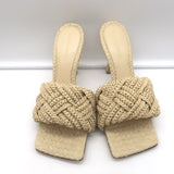 Bottega Veneta Lido Intrecciato Raffia Mules Beige Size 38.5 Open Toe Sandal NEW