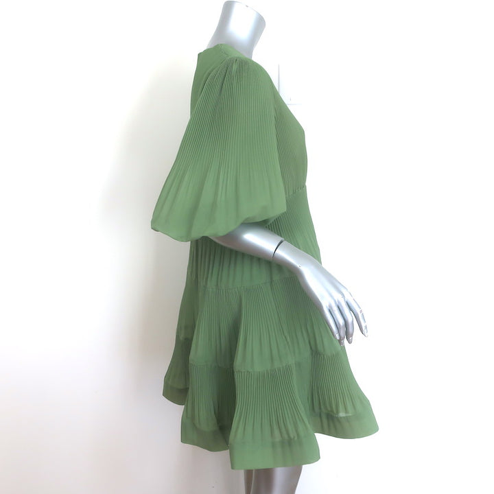 Zimmermann Balloon-Sleeve Pleated Tiered Mini Dress Fern Size 3