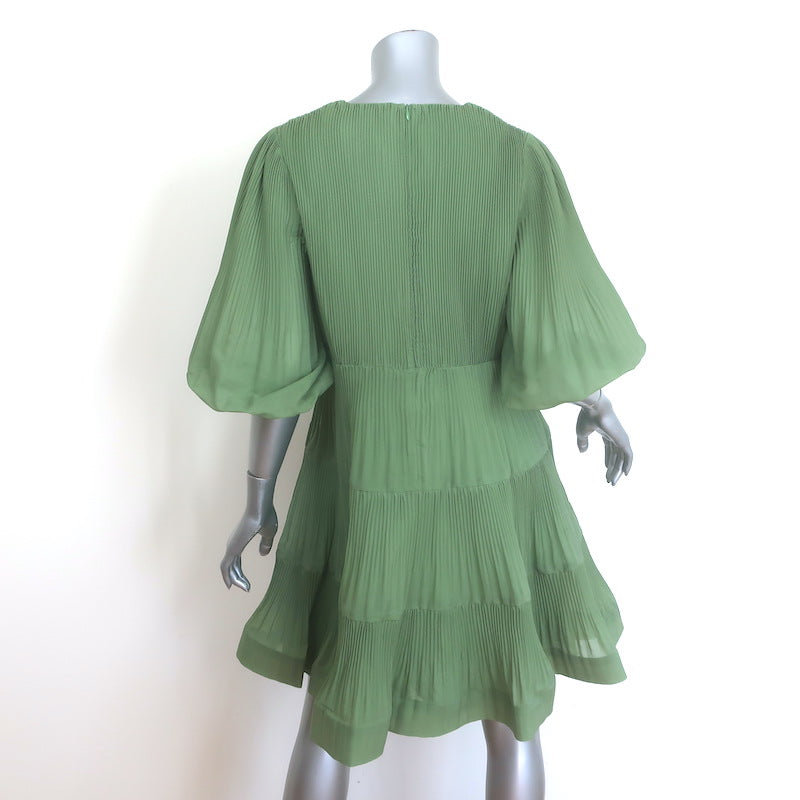 Zimmermann Balloon-Sleeve Pleated Tiered Mini Dress Fern Size 3