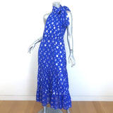 RIXO Eleanor Metallic Polka Dot Tie-Neck Midi Dress Blue/Silver Silk Size Medium