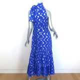 RIXO Eleanor Metallic Polka Dot Tie-Neck Midi Dress Blue/Silver Silk Size Medium