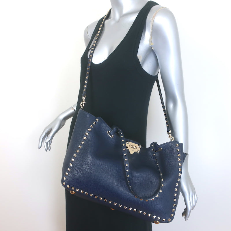 Valentino Medium Rockstud Tote Navy Grained Leather Crossbody Bag