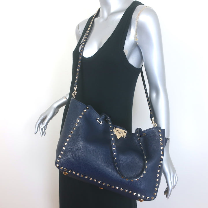 Valentino Medium Rockstud Tote Navy Grained Leather Crossbody Bag