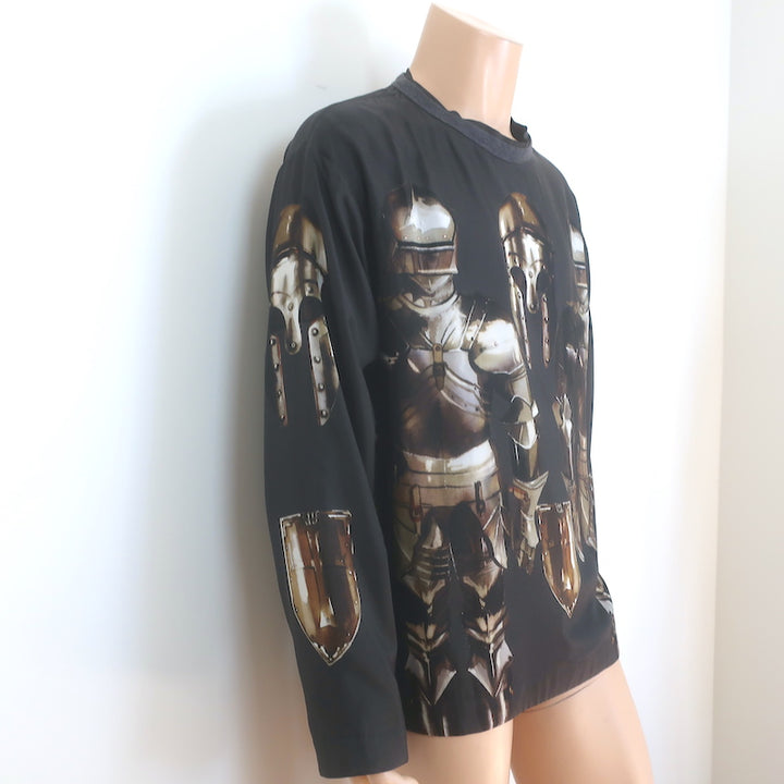 Dolce &amp; Gabbana Medieval Armor Print Long Sleeve Shirt Black Satin Size 52
