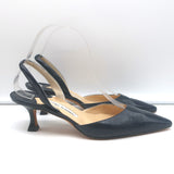 Manolo Blahnik Carolyne 50 Kitten Heel Slingback Pumps Dark Navy Leather Size 37