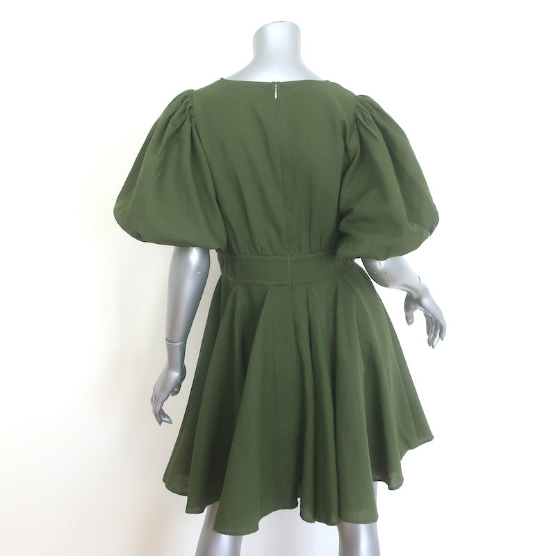 Rhode Madeline Puff Sleeve Mini Dress Chive Linen-Cotton Size 8