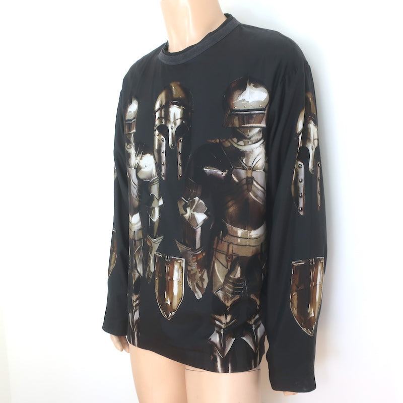 Dolce &amp; Gabbana Medieval Armor Print Long Sleeve Shirt Black Satin Size 52