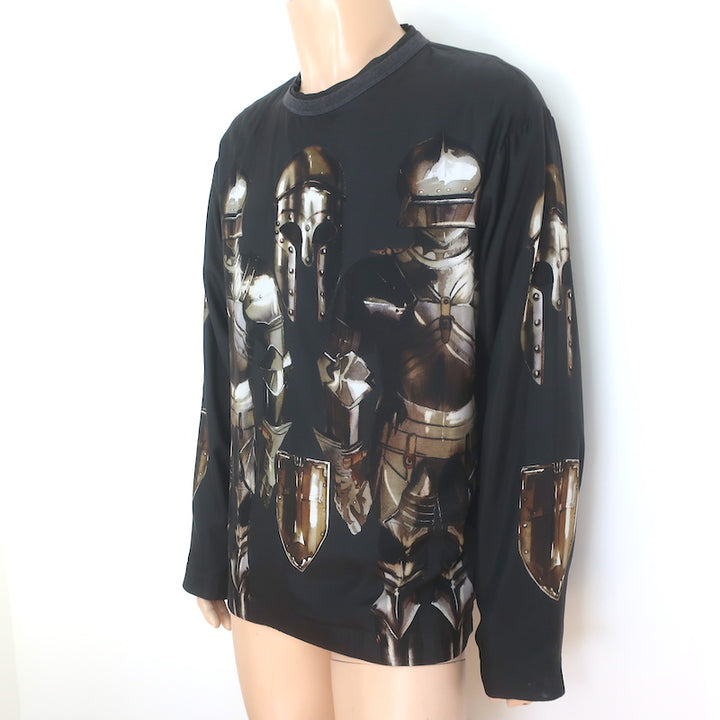 Dolce &amp; Gabbana Medieval Armor Print Long Sleeve Shirt Black Satin Size 52