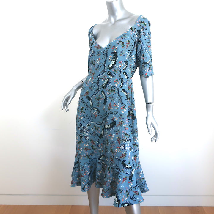 Erdem Half-Sleeve Dress Glenys Blue Floral Print Stretch Crepe Size US 10 NEW