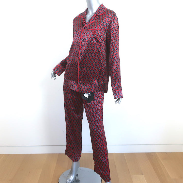 MCM Pajamas Red Cubic Monogram Print Silk Satin Size Small Shirt &amp; Pants Set NEW