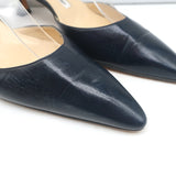 Manolo Blahnik Carolyne 50 Kitten Heel Slingback Pumps Dark Navy Leather Size 37