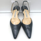 Manolo Blahnik Carolyne 50 Kitten Heel Slingback Pumps Dark Navy Leather Size 37