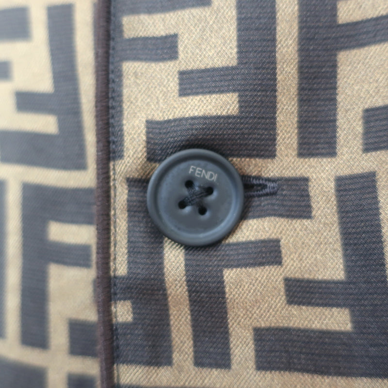 Fendi Zucca FF Logo Print Silk Satin Shirt Brown Size 41