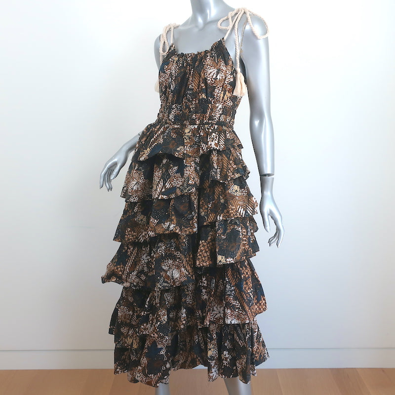 Ulla Johnson Asymmetric Tiered Midi Dress Estela Printed Cotton Size 8