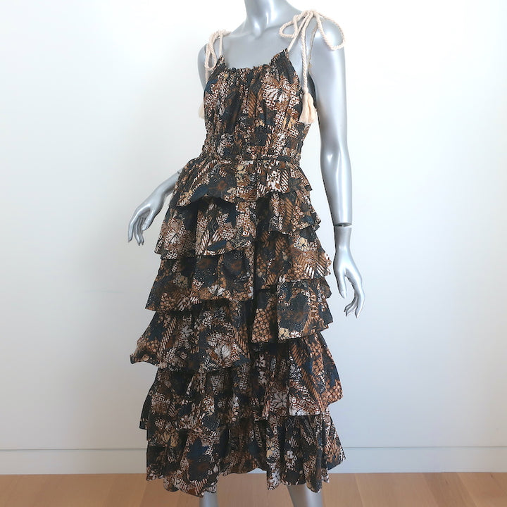Ulla Johnson Asymmetric Tiered Midi Dress Estela Printed Cotton Size 8